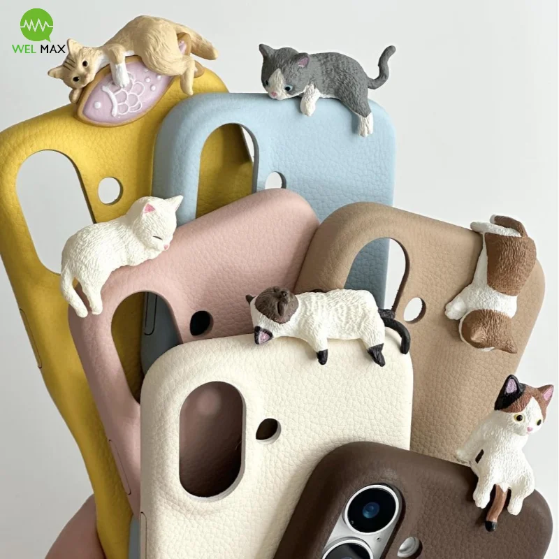 Cute 3D cat doll polka dot phone case For iPhone 16 15 14 13 12 11 Pro max XSmax XS XR X Shockproof Anti-fall Protective Cover