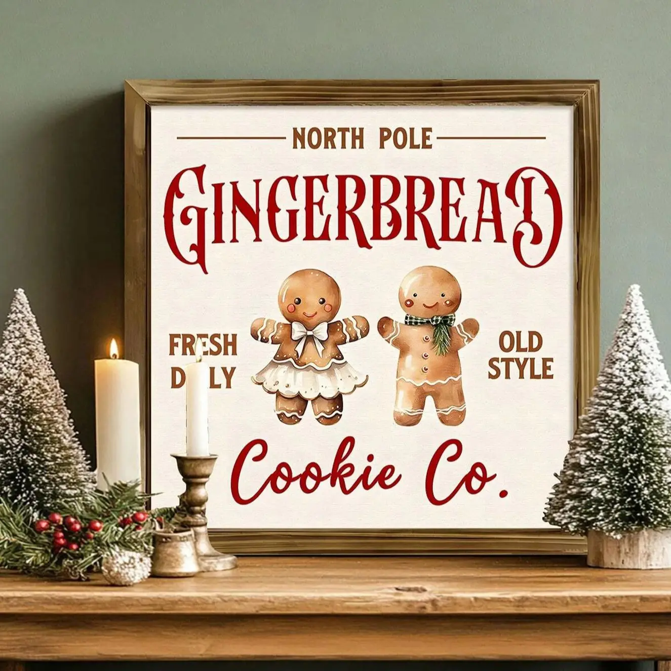 Christmas Gingerbread Man Photo Frame Decoration, Vintage Wooden Frame Sign Wall Art, Festive Desktop Ornaments for Home & Party