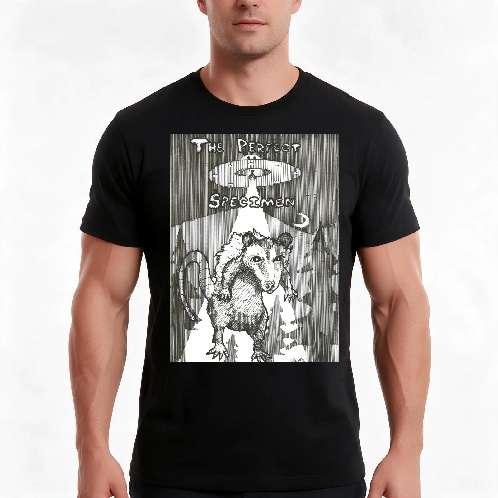The Perfect Specimen Opossum UFO Pen and Ink Drawing T-Shirt, Summer Casual Cotton Tee, Oversized Streetwear Tops, 100% Cotton