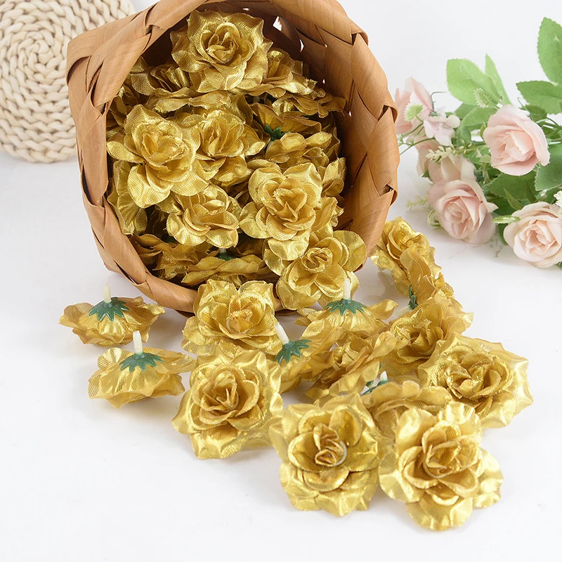 10/20/30Pcs 6cm Gold Artificial Rose Flower Head Silk Fake Flowers DIY Scrapbooking Accessories Wedding Party Home Decoration