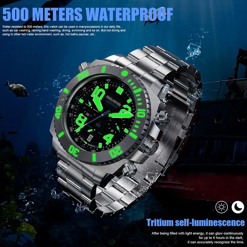 Reloj deportivo de cuarzo para buceo para Hombre, de acero inoxidable 316L, con esfera grande de zafiro, resistente al agua hasta 500M, novedad de 2024