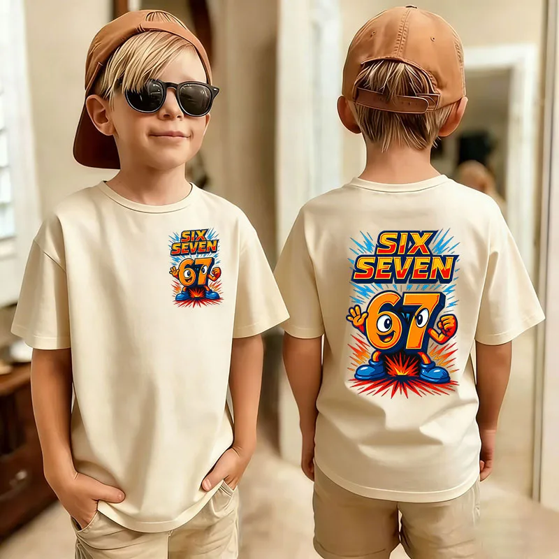 Niedliches, lustiges Six Seven Italian Brainrot 67 Nummer Grafikdruck T-Shirt für Jungen/Mädchen, Sommer-Kurzarm-Kinder-T-Shirt, Top-Fan-Geschenke