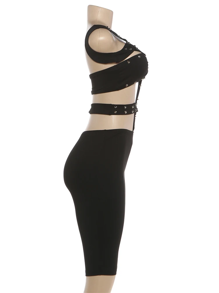 Sisterlinda Rivet Sexy Halter Romper für Damen, rückenfrei, ärmellos, unregelmäßig geschnitten, taillenlos, Sommer, sexy, eng anliegend, Club, Mitternacht, Playsuits – Detail 4