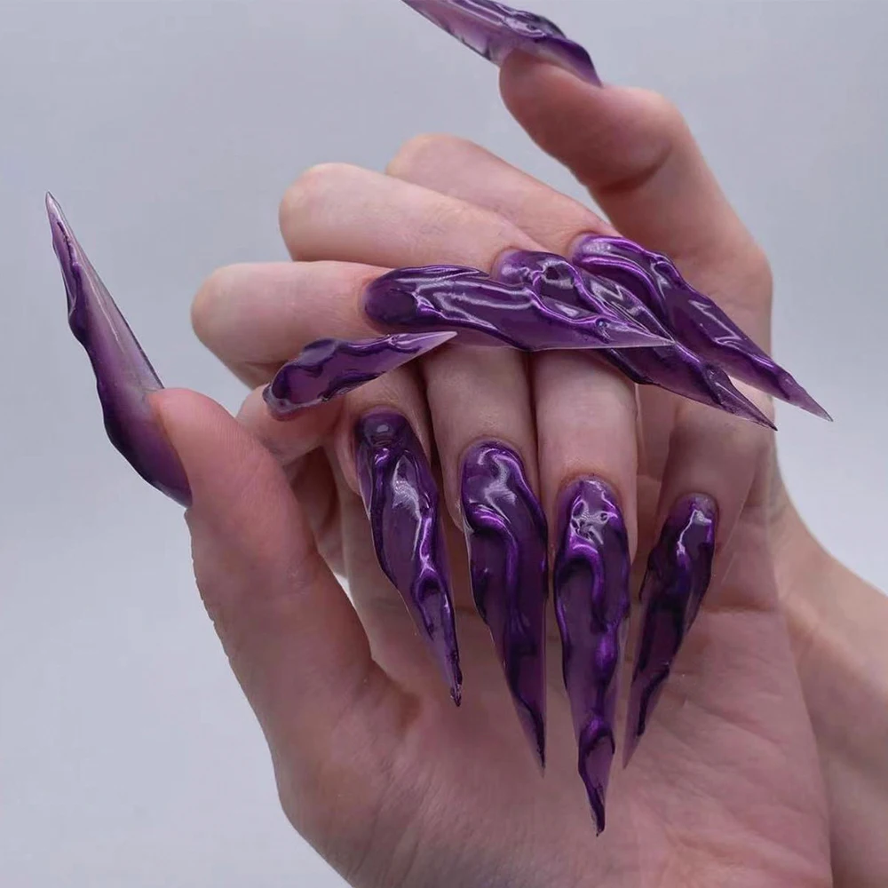 24Pcs unghie finte Halloween Purple Witch Long False Nail Design indossabile con Jelly Gel Press on Nails Tips all'ingrosso/personalizzato