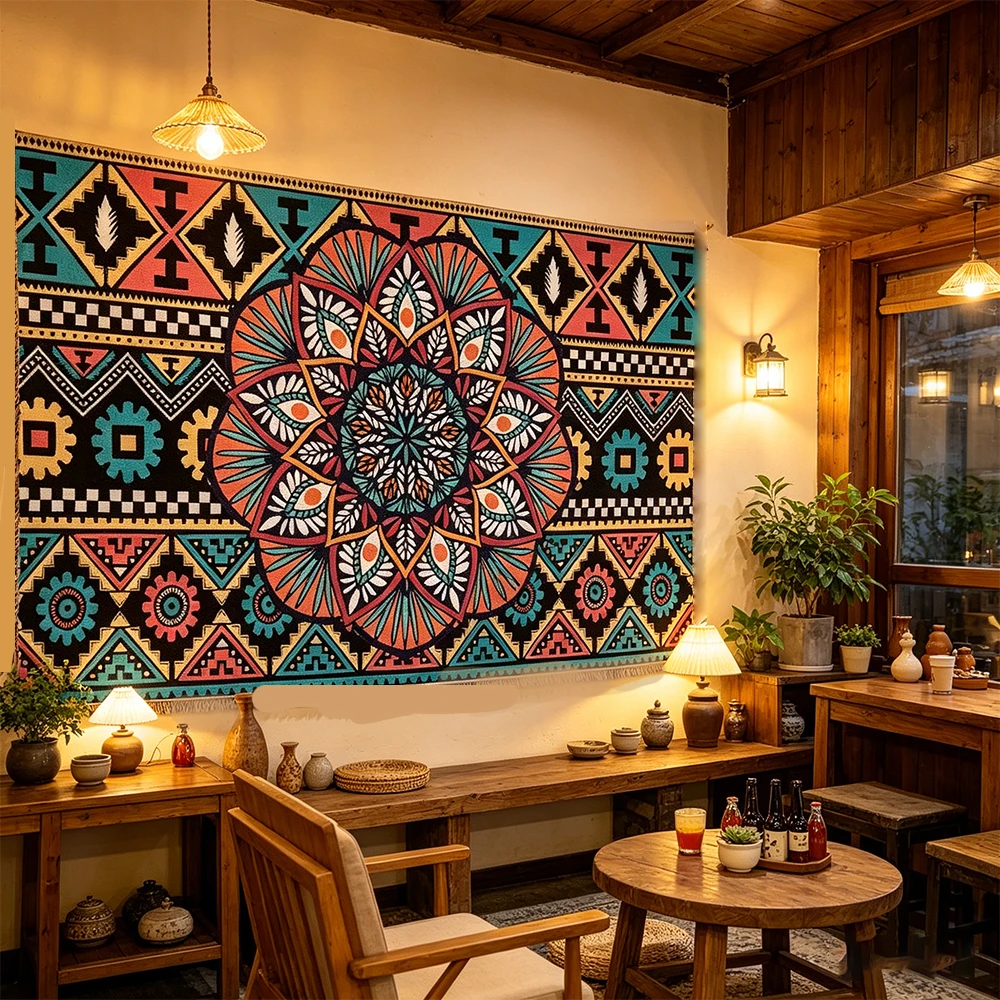 Vintage Tribal Mandala Tapestry Wall Hanging, Colorful Ethnic Aztec Geometric Pattern Boho Tapestry, Retro Hippie Art Wall Blank