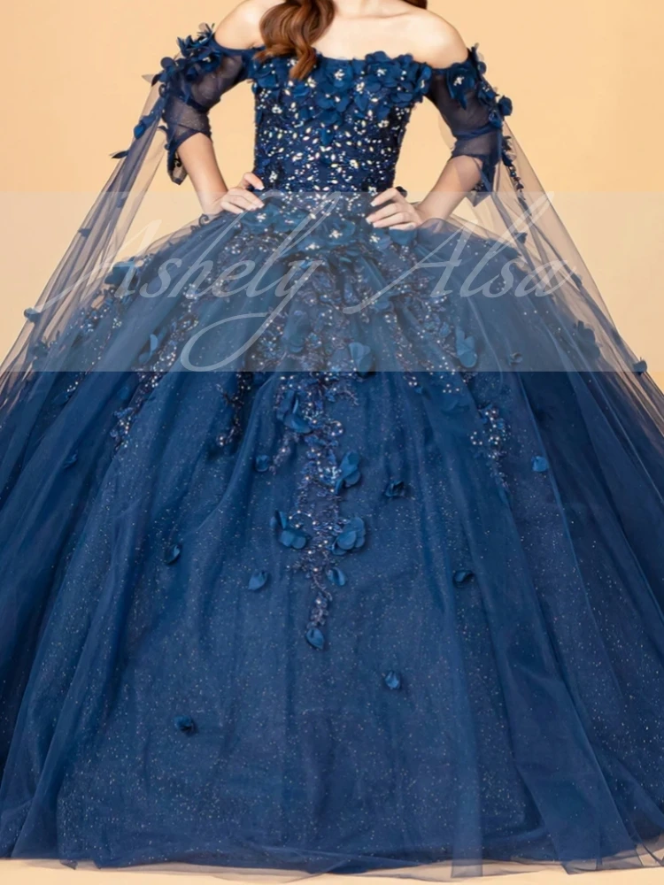 Maßgeschneidertes marineblaues Vestido De 15 Anos mit V-Ausschnitt, 3D-Blumenapplikation, Ballkleid, Damen-Geburtstagsparty-Kleid, 16. Abschlussball, Quinceanera 2025