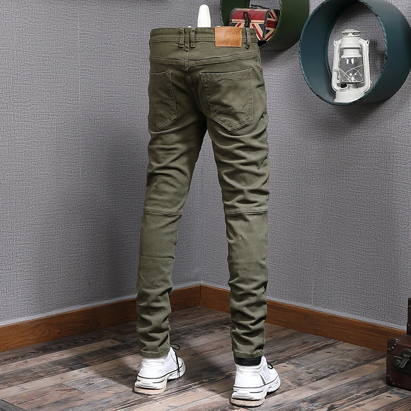 Pantalones vaqueros elásticos de estilo Hip Hop para hombre, ropa de calle a la moda, color verde militar, ajustados, diseñador empalmado