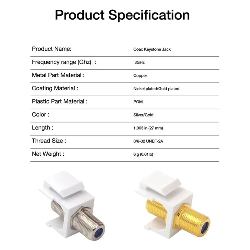 T31C-50PCS F-Type RG6 Coaxial Cable Connector, Coax Keystone Jack Insert Extender Female To Female Extension For Wall Plate