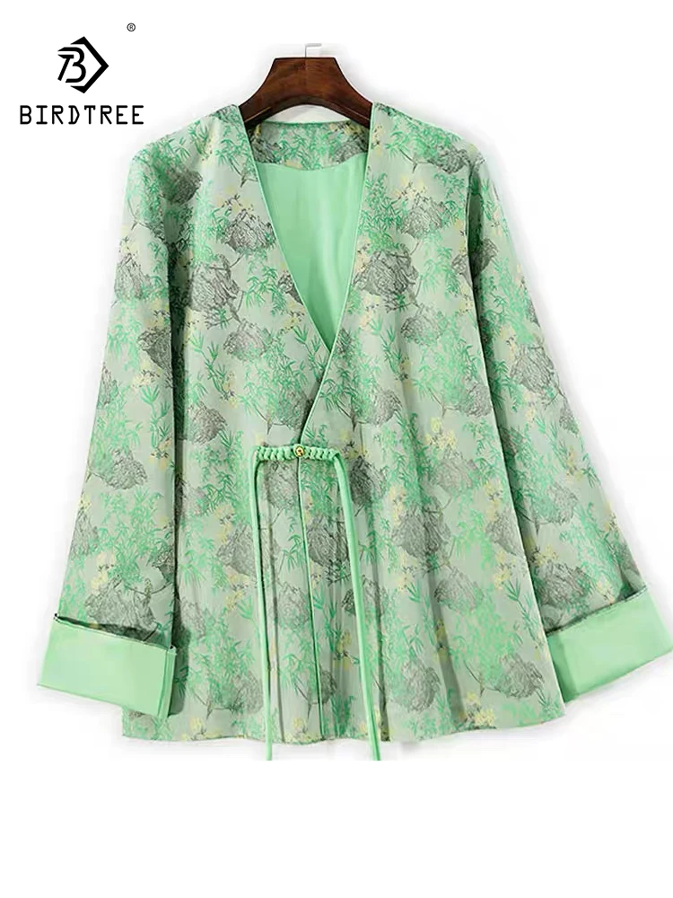 

BirdTree-45MM Song Brocade Silk Elegant Coat, V Neck Jacquard, Women Retro Commute Loose Cardigan Coat, 2025 Autumn New C5O595CC