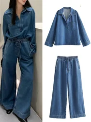 Spring Denim Top Pants Lounge Sets Women Long Sleeve Turndown Collar Pullover Wide Leg Pant Female Loungewear Suit Lady Outfits