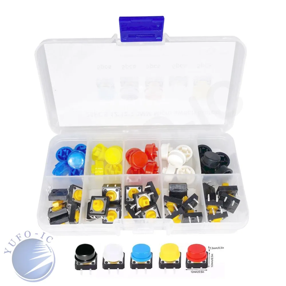 1 Box 25pcs Red Blue Black Red White Head 12x12x7.3mm HotSell Switch Kit 12*12*7.3mm Micro Press Touch Button Switch With Caps