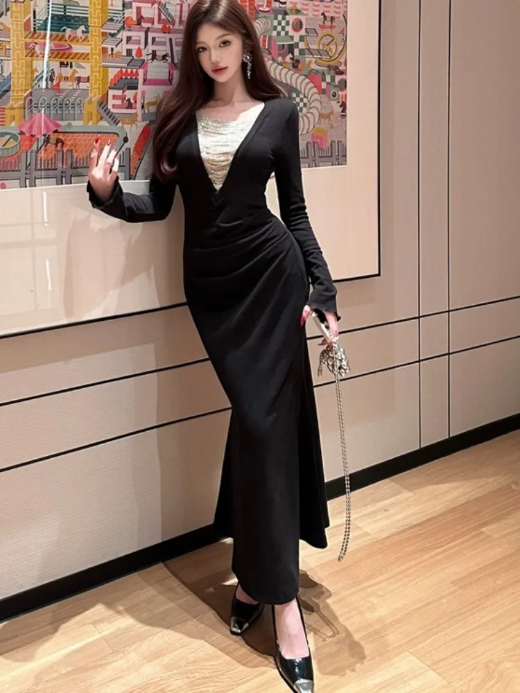 

Ele Bla V-Ne Long Dr Hepburn Sle Retro Autumn Winter High Waist Sexy Long Sve Ci Commute X-ape Fi Tail