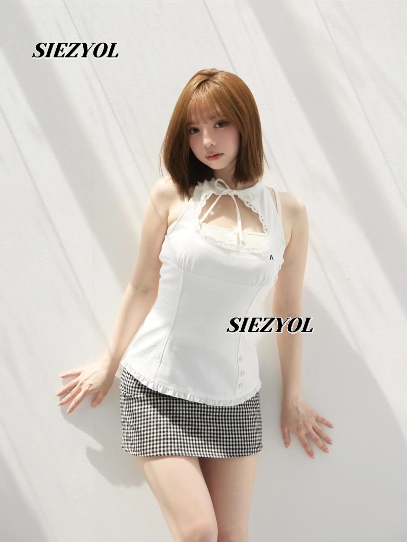 Summer New Sweet Girls Two-piece Slimming White Tank Top Three-dimensional Hollow Lace-up Vest and High-waisted Mini Skirt Set