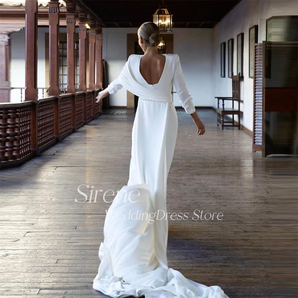 Sirene Muslim Open Back Wedding Dress For Women Elegant White Long Sleeves Pleat Lace Bridal Gown Court Train Robe De Mariée