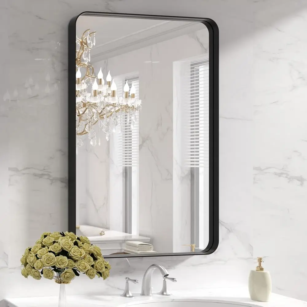 

24x36 Inch Rounded Matte Black Bathroom Mirror, Rust-Resistant, Versatile Hanging Options