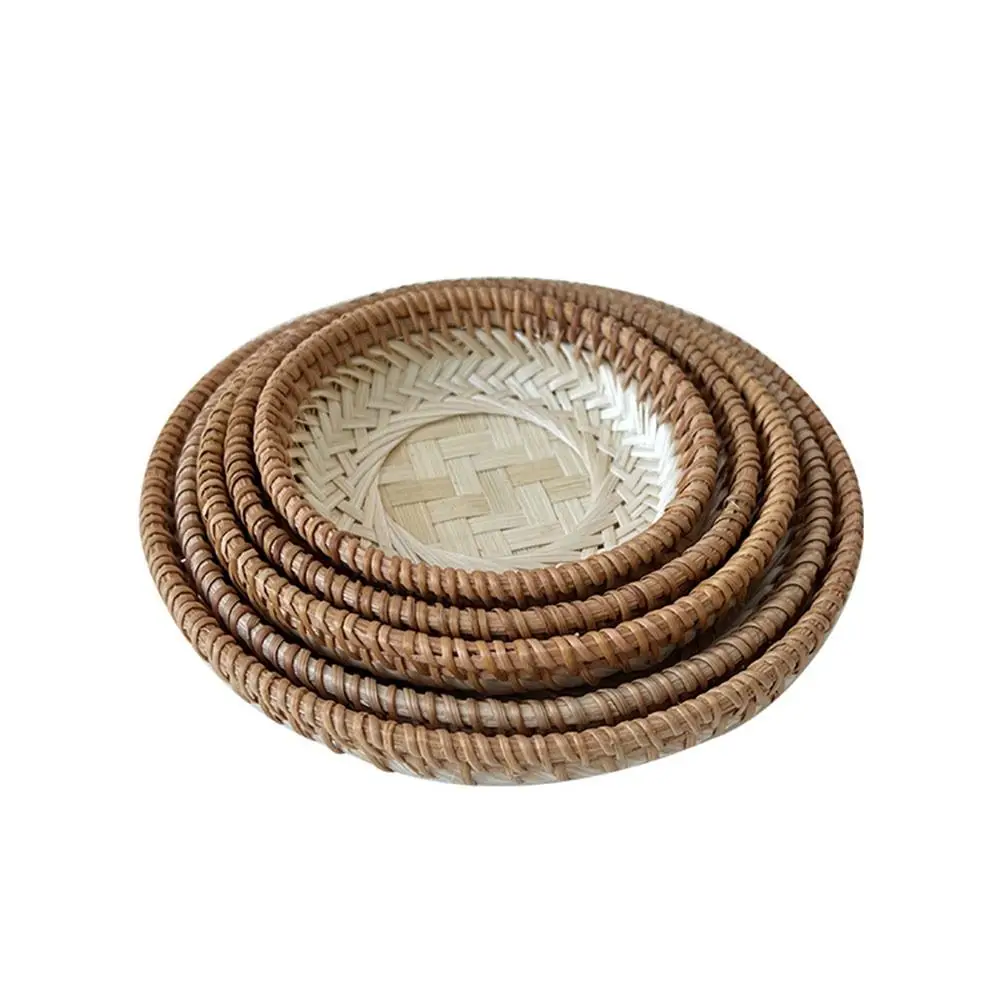 Round Storage Basket Brown&Beige Bread Fruit Display Platter Woven Vegetables Candy Snacks Kitchen Organization Basket