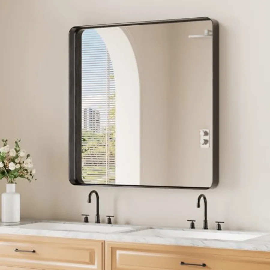 

Black Bathroom Mirror for Wall 30x30 Inch Matte Metal Deep Framed Rounded Square Wall Mirror for Over Sink Shatterproof Tempere