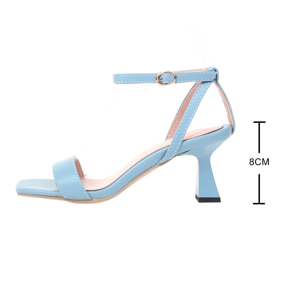 Summer Fashion New Women Sandals Blue Shoes 8CM Wild High Heels Square toe Peep Toes Buckle Strap Woman Party Shoes Plus Size 42