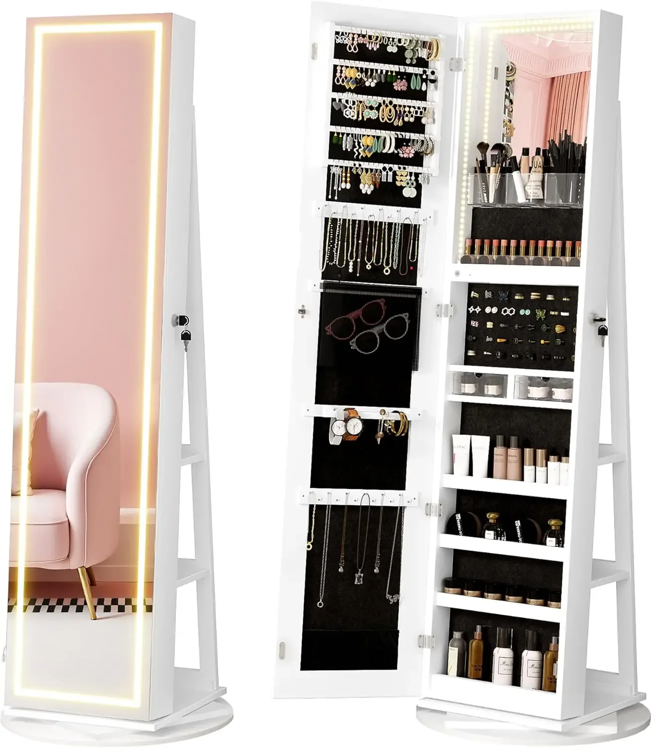 Cabinet Standing, 360° Swivel Lockable Jewelry Armoire with Full Length Mirror and Adjustable LED Lights, Jewelry Organizers and