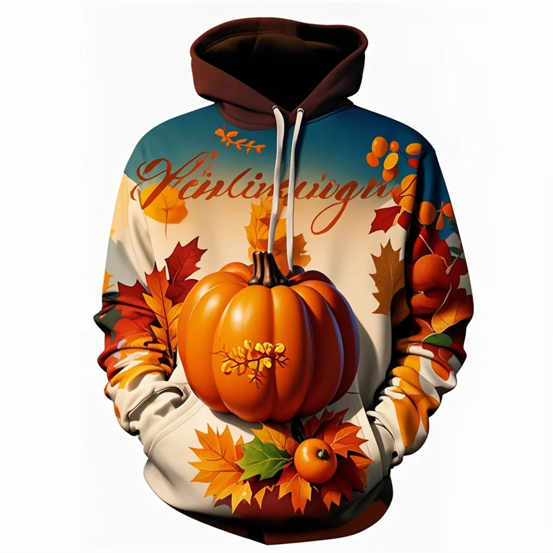 3D Printed Thanksgiving Day Hoodie For Men Pumpkin Happy Turkey Day Pattern Sweatshirt Autumn Street Tops Pullovers Long Sleeves