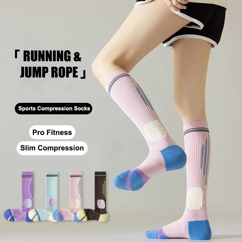 Women Knee High Sports Compression Socks, 90° Right Angle Heel, Breathable Mesh Reinforced High Elastic Socks for Running Jump R