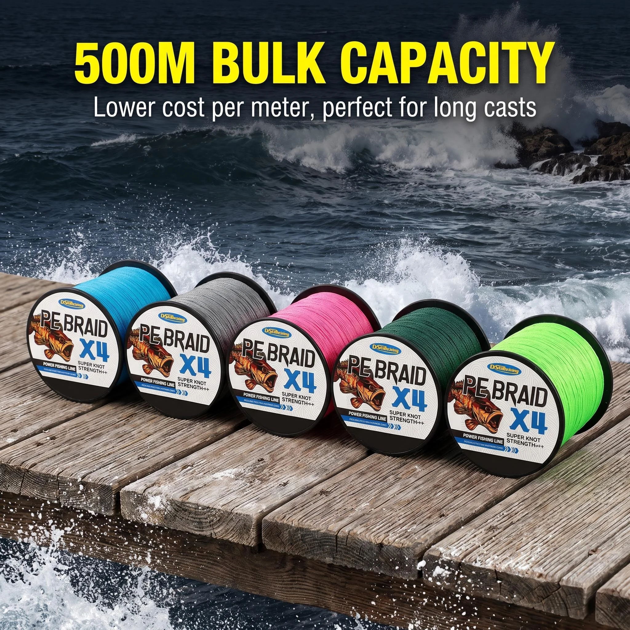 DiSeathriving PE Braid 4 Strand Fishing Line 500m 8.2-80 LB Test Abrasion Resistant 8 Colors Tuna GT Offshore Big Game Line