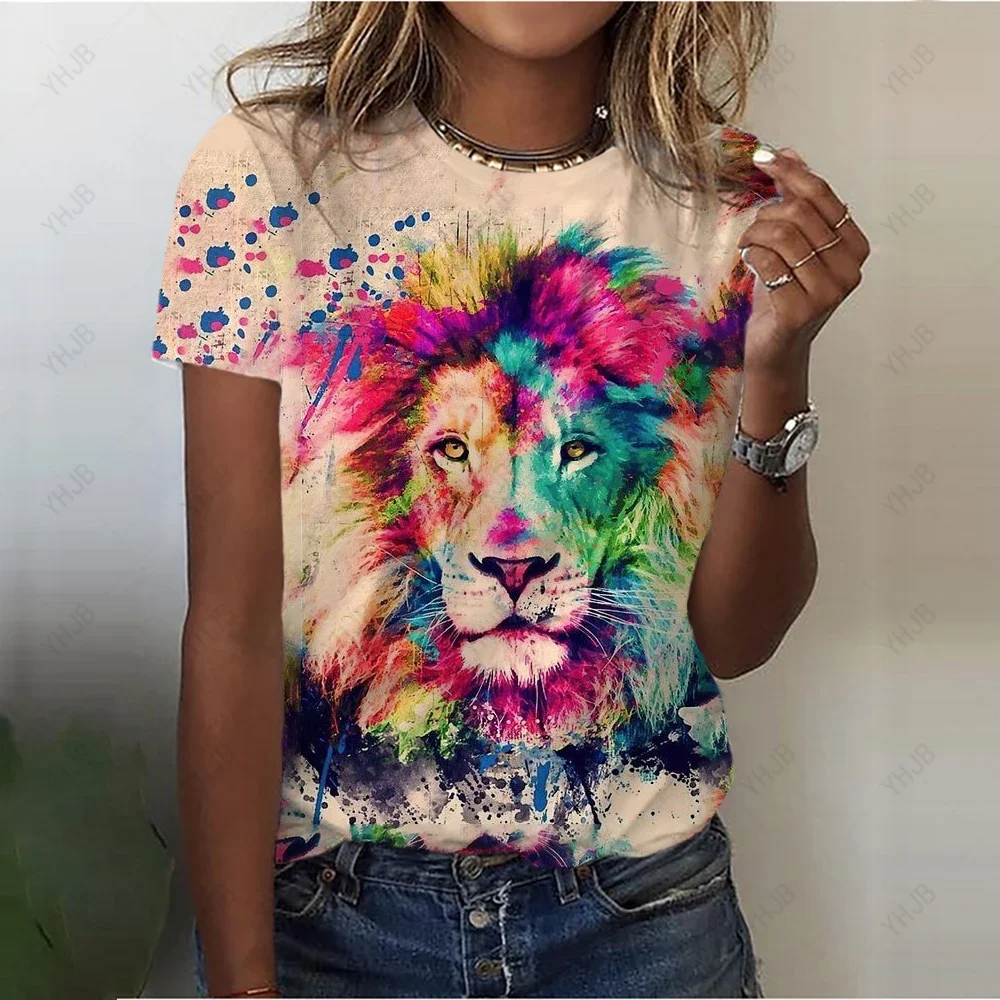 Verano cuello redondo de talla grande Casual estampado bohemio señoras camisetas León estampado 3D camiseta mujer moda suelta manga corta Tops