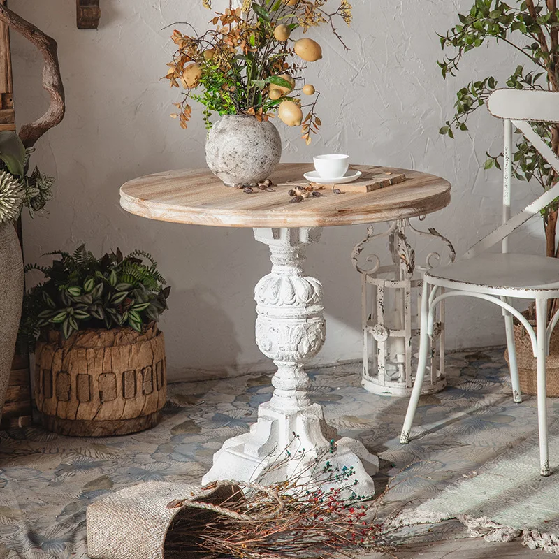 French retro solid wood round small round table living room coffee table and chair combination reception casual negotiation milk