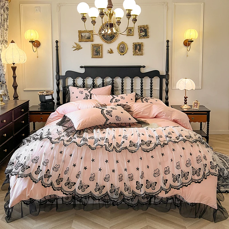 

4/6Pcs Butterfly Embroidery Lace Ruffles Princess Wedding Bedding Set 100% Cotton Duvet Cover Bed Skirt Bedspread Pillowcases