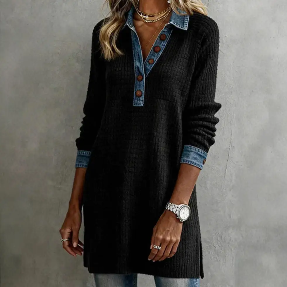 2025 outono nova estação independente botão para baixo denim retalhos longo gola sve dr cintura alta saia irregular casual sle