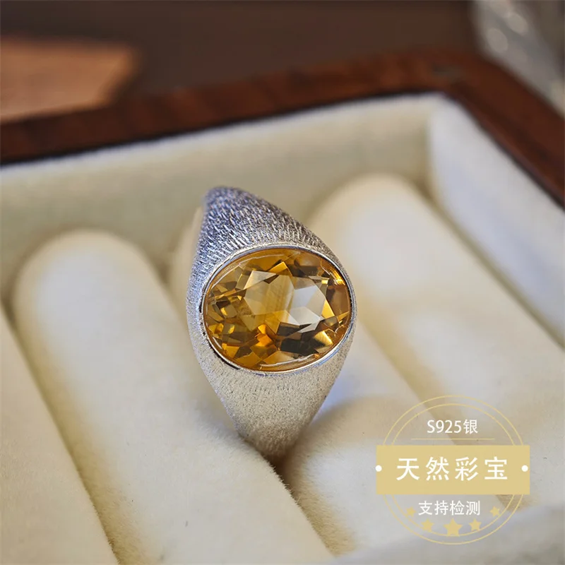 

Real 925 Sterling Silver Natural Citrine Gemstone Wedding Resizable Size Ring for Women Men with Certificate