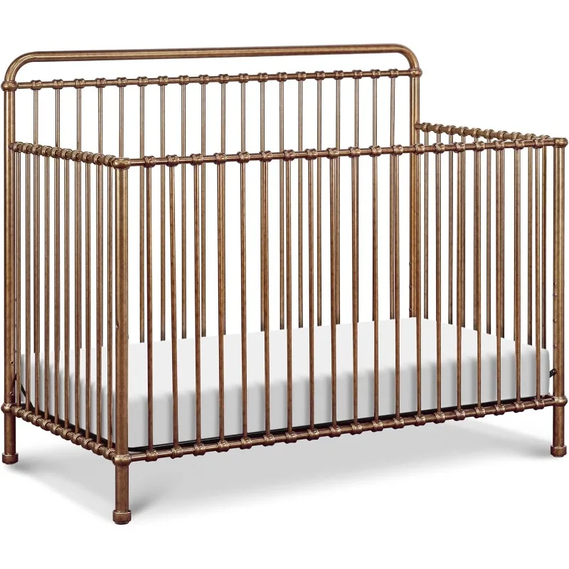 4-in-1 Convertible Metal Crib in Vintage Gold, Four Adjustable Mattress Positions That Can Be Lowered As Your Baby Grows.