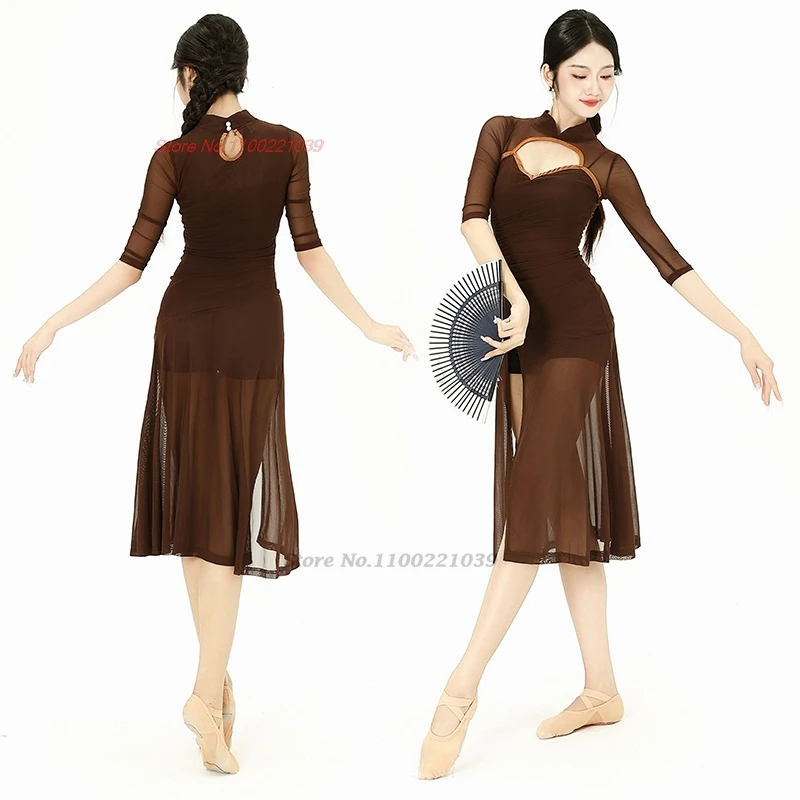 

2025 chinese vintage dance costume improved cheongsam traditional dancer training exercise practice stage performance folk dress