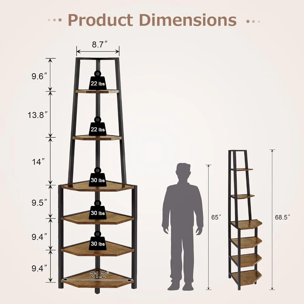 6 tier, 69 inch metal frame corner shelf industrial bookshelf, plant stand, opening display shelves
