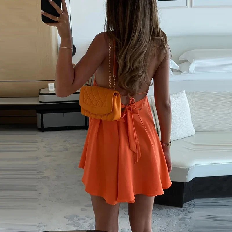 

Elegant Ladies Loose A-line Dress Trendy Solid Color Sleeveless Club Short Dress Summer New Casual Hollow Out Pleated Mini Dress