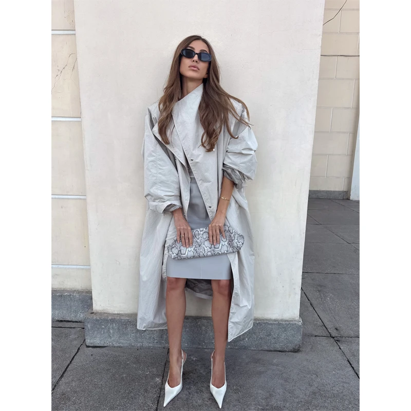 Women Casual Long Trench Coat with Lapel Collar Single-Breasted Batwing Sleeves Windbreaker New Streetwear Oversized Outerwear view 3
