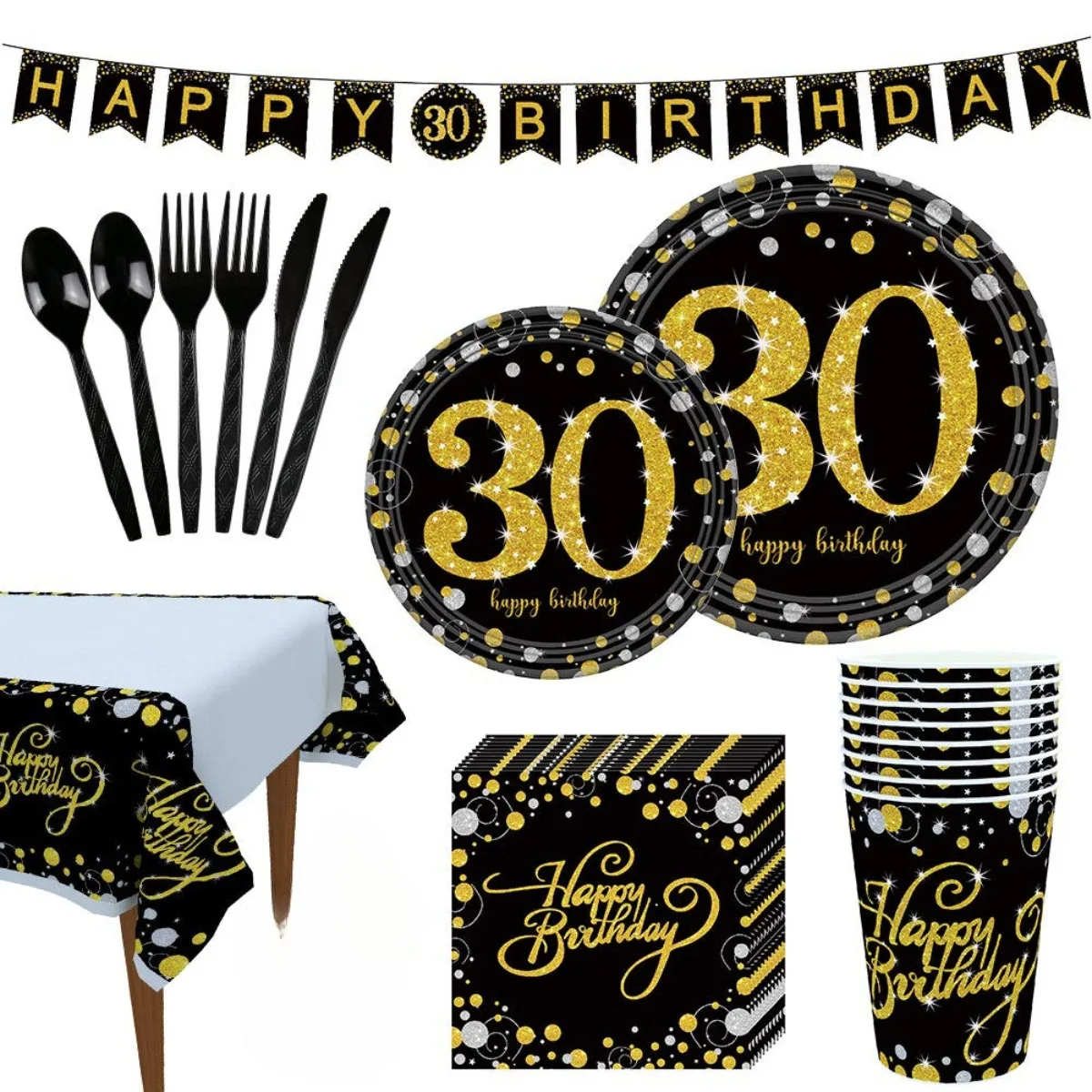 

30th Birthday Party Supplies Serves Black and Gold 30 Years Old Birthday Party Decorations Paper Plates Napkins Tablecloth Set