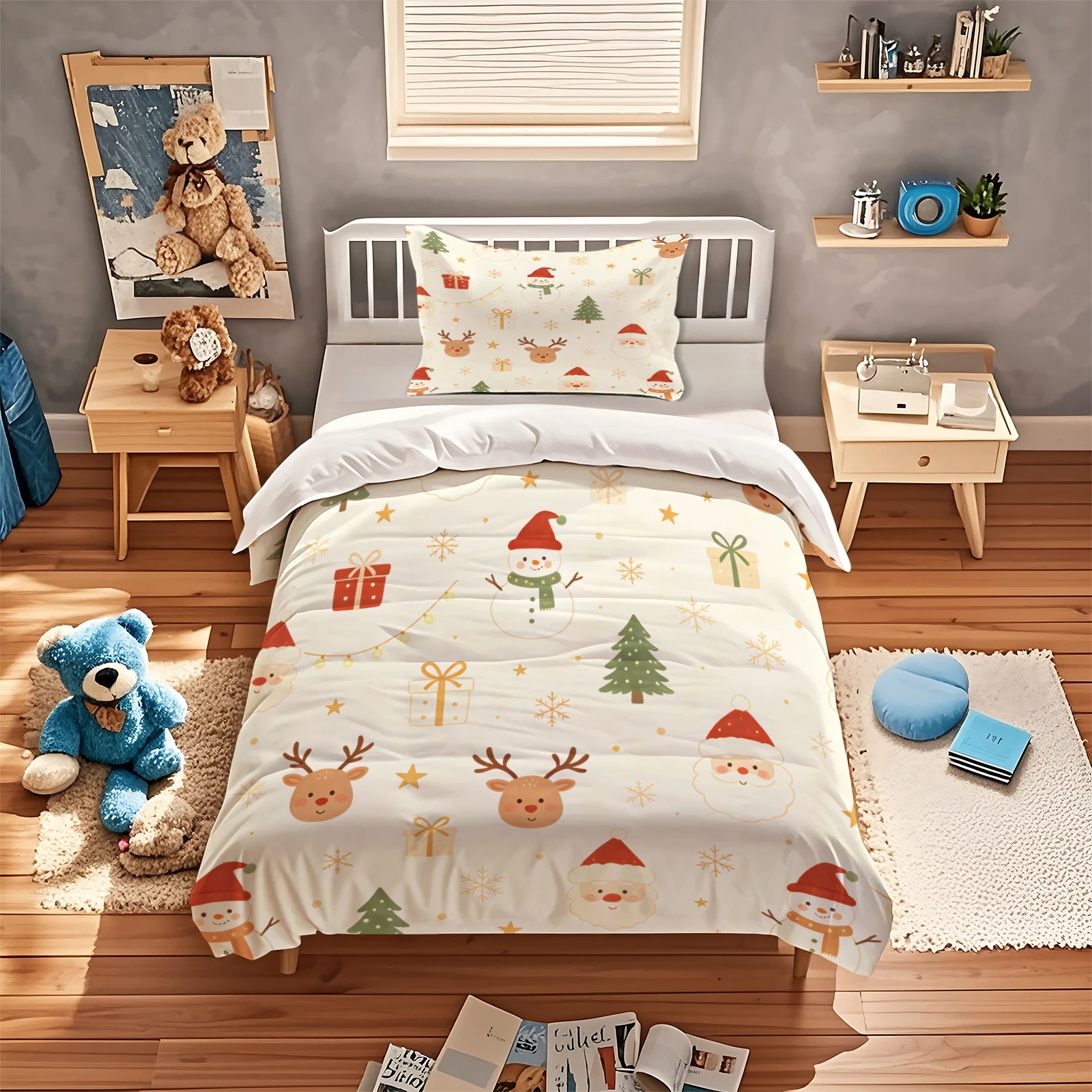 Christmas Duvet Cover Set Cute Santa Snowman Reindeer Gift Tree Print Bedding Set Soft Breathable Microfiber Comforter Cover