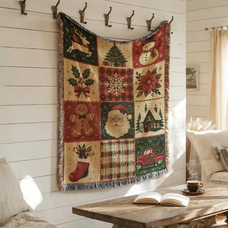 Vintage Christmas Patchwork Tassel Tapestry Christmas Throw Sofa Blanket Christmas Holiday Decorative Tapestry