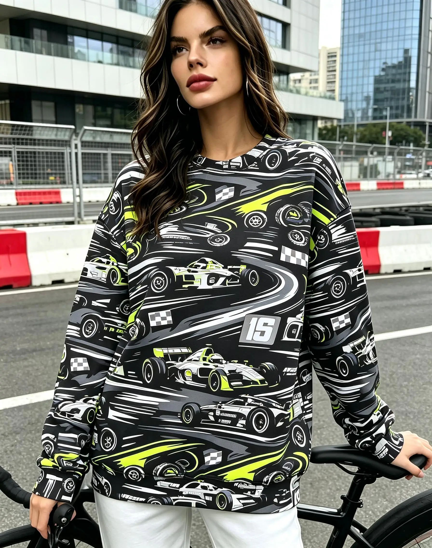 Women Crew Neck Fleece Sweatshirt Racing Car F1 Checkered Flag Race Track Print Long Sleeve Loose No Hood Warm Pullover view 4