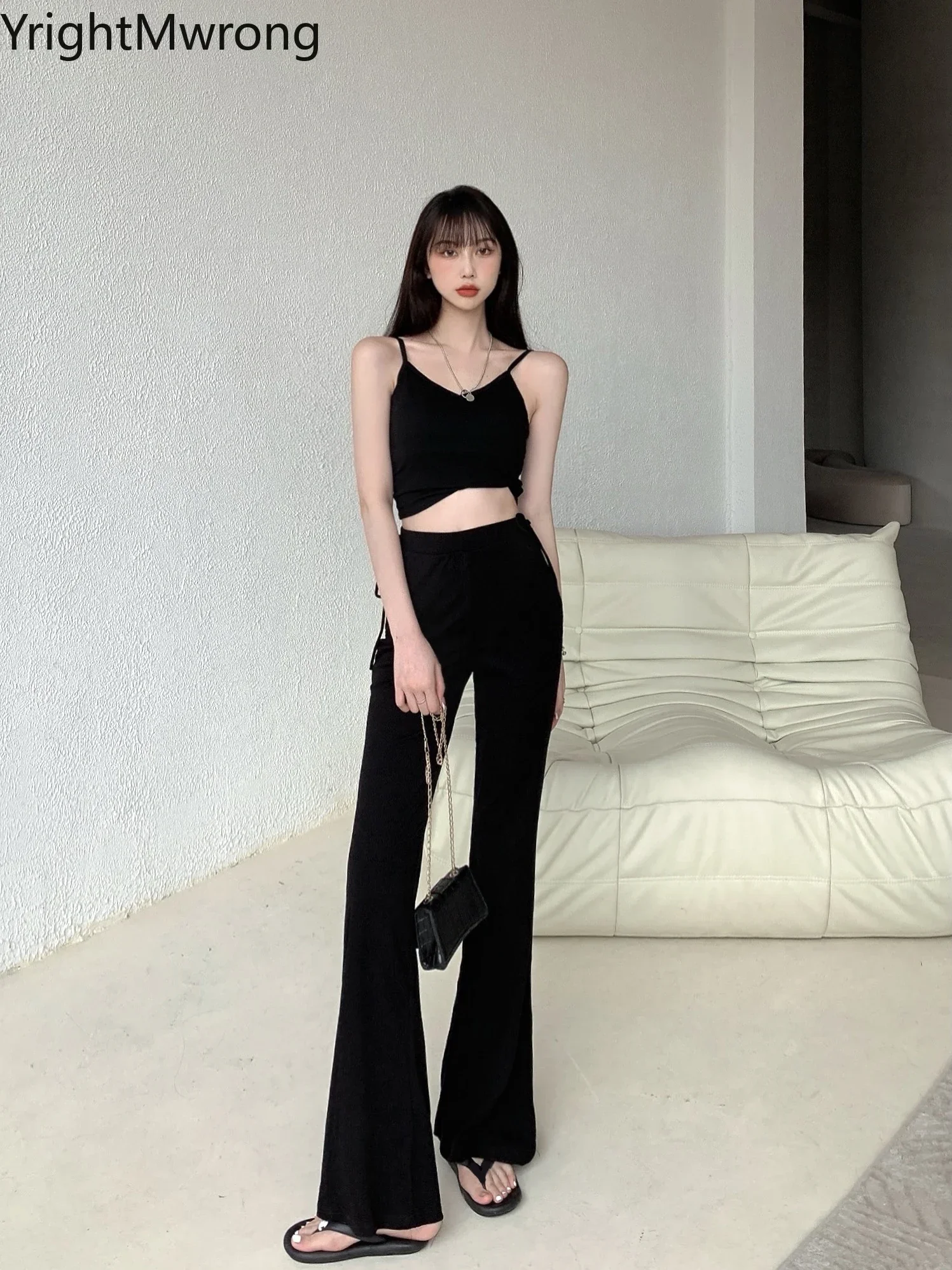 Side String Lace Up Tie Bow High Waist Solid Knit Flare Pant Elegant Bandage Bell Bottom Korean Ladies Long Trouser Fashion Sexy