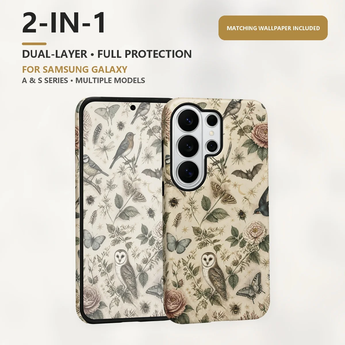 Vintage Birds And Flowers 2-in-1 Dual-Layer Phone Case for Samsung Galaxy S26 S25 S24 Plus Ultra FE S20 FE A56 A17 A16 A15
