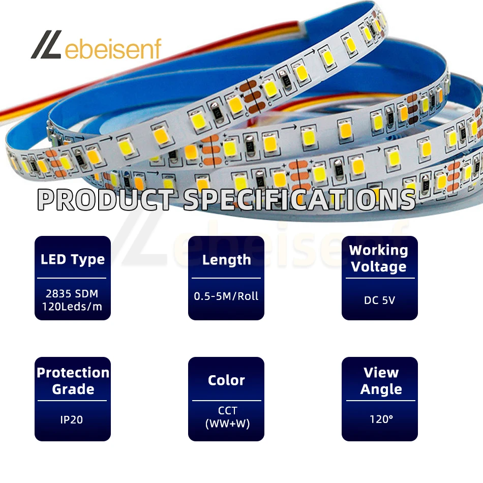 0,5-5m USB 5V LED Dual Color Strip Light Kit 120 leds/m 3000k 4000k 6000k cct flexible Band leiste Lampe 4-Tasten 2m Dimmer Controller – Detail 2