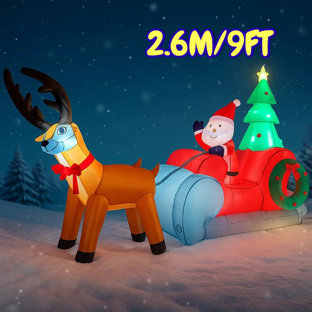 

2.6M/9FT Santa Claus Reindeer Sleigh Christmas Decorations Home Inflatable Toys with LED Lights Yard Xmas Ornaments Decor