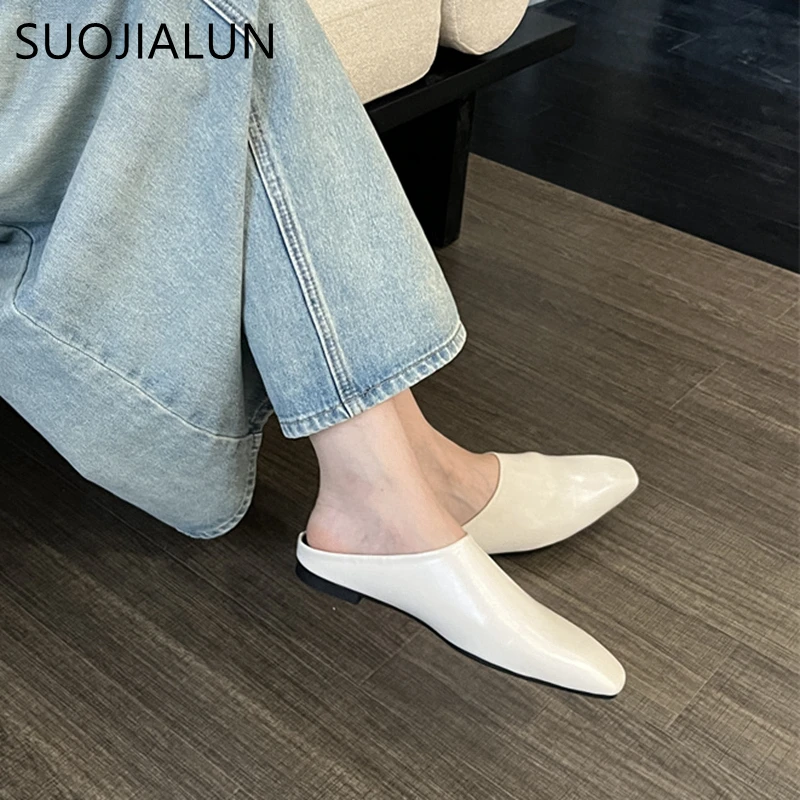 SUOJIALUN 2023 Autumn Women Slipper Ladies Round Toe Slip On Ladies Casual Mules Shoes Flat Heel Outdoor Dress Sandal Shoes