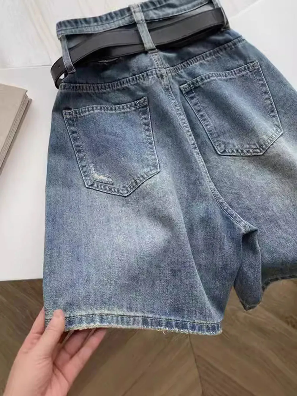 New Summer Solid Color Woman Shorts Simple Design High Waist Slim Fit Hole Ripped Five Points Pants Trendy Women's Shorts