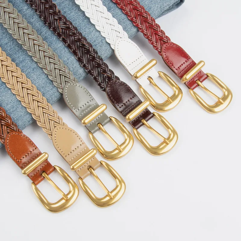 Western Braided Leather Bran Paper Gold Pin Buckle Women Belt Fashion Woven Belt with Jeans