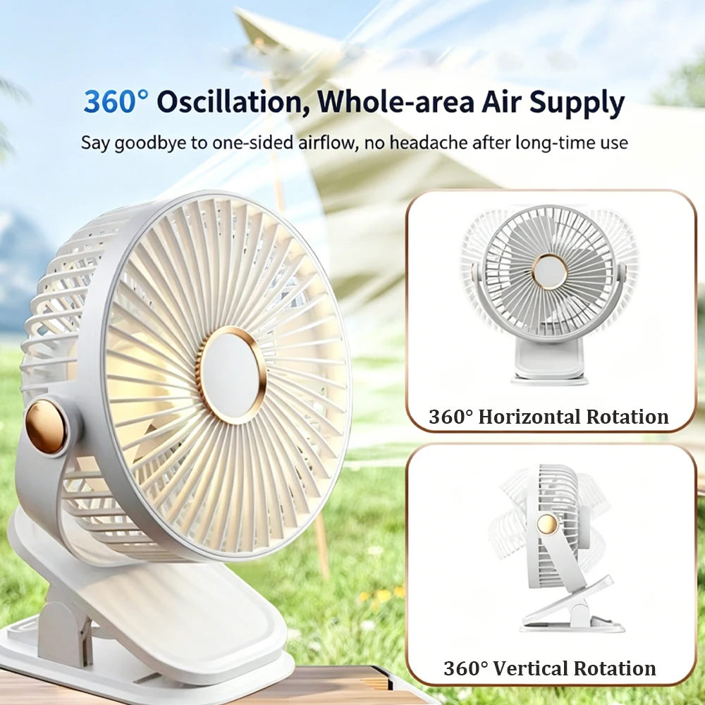 Portable Clip On Fan, 5 Speeds 360° Rotatable Mini Desk Fan with Night Light, USB Rechargeable Personal Fan for Home Office