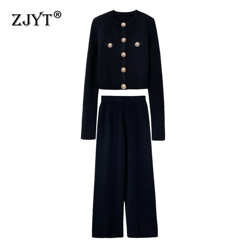 ZJYT Autumn Winter Knitted Pant Sets 2 Pieces for Women Fashion Buttons Long Sleeve Cardigan Sweater Trousers Suit Black Outfit