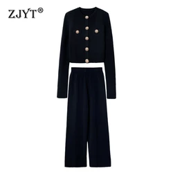 ZJYT Autumn Winter Knitted Pant Sets 2 Pieces for Women Fashion Buttons Long Sleeve Cardigan Sweater Trousers Suit Black Outfit